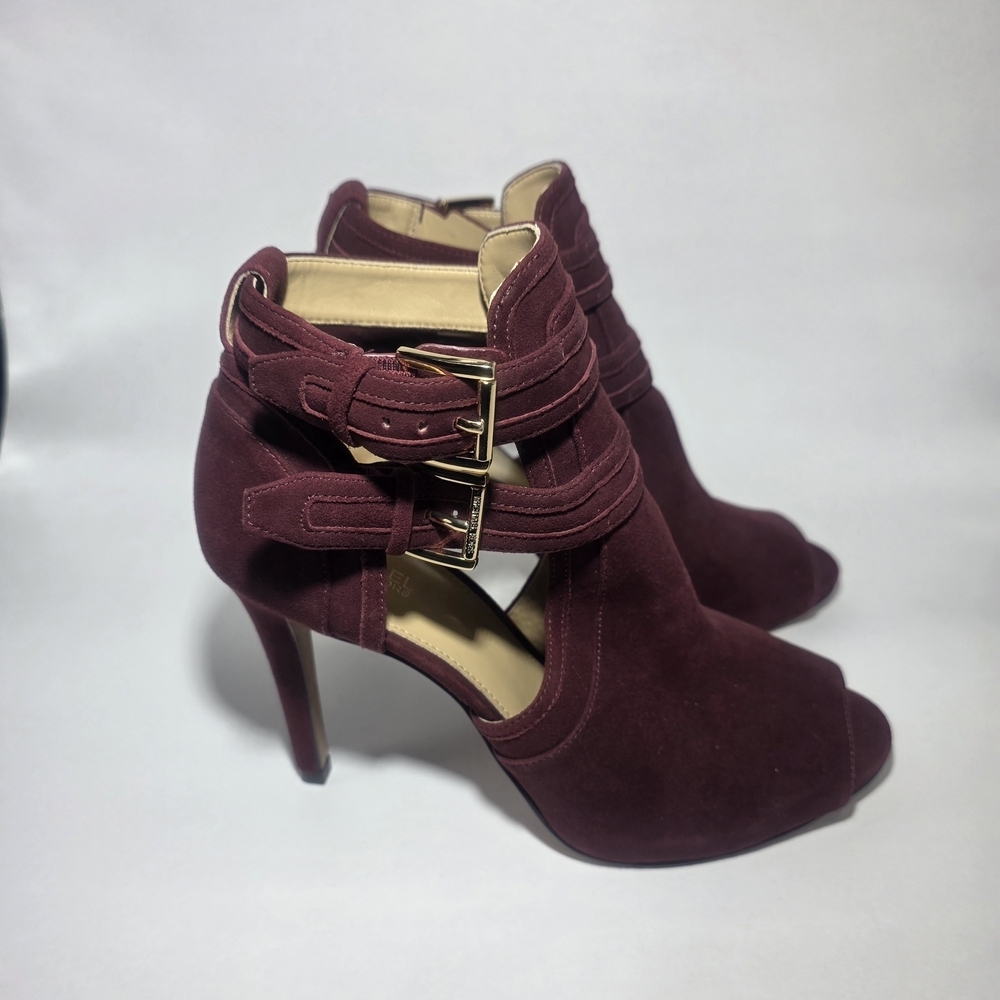 Michael Kors Women’s Heels Size 8M Burgundy Suede Cutout Peep Toe Buckle Strap